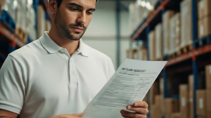 Man Reviewing Inventory Report in Warehouse - Powered by Adobe