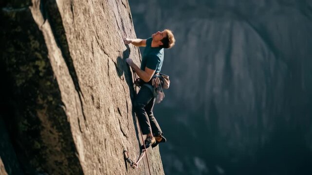 Man Rock Climbing Steep Gray Cliff Face