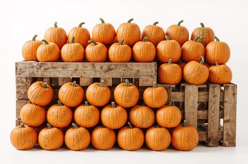 A pile of fresh orange pumpkins arranged neatly on rustic wooden crates. Captured in a clean studio setting with a white background. Perfect for seasonal or healthy food concepts.