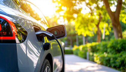 Electric Car Charging in the Sun: A modern electric car charges, connected to a charging station. Sunlight illuminates the scene, set in a suburban environment.