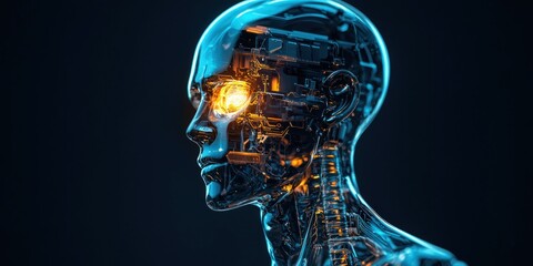 A cybernetic humanoid with a transparent skull revealing a glowing AI core