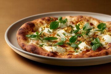 Gold leaf pizza with buffalo mozzarella and basil served on white plate against gold backdrop