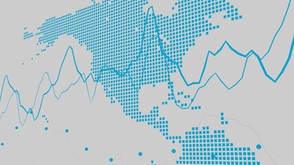 Abstract blue map of the Americas with grid patterns and financial graph lines on a light white background. Global data visualization and analytics concept. - Powered by Adobe