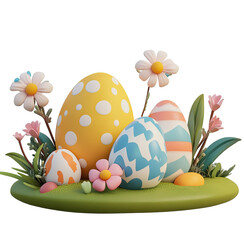 Easter eggs and flowers in a grassy patch