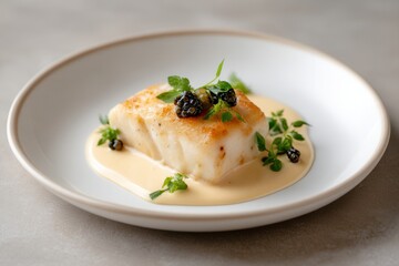 Atlantic halibut plated with beurre blanc and caviar, presented on a white dish with sand background