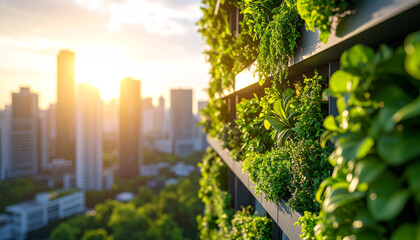 Urban Oasis: A sustainable architectural marvel flourishes with verdant life, an emblem of harmony between nature and city, against the backdrop of a bustling metropolis.