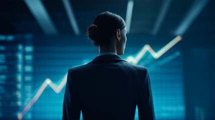 A woman looking at stock charts on a large screen.	A professional woman, seen from behind, stands in a modern office, looking at a large screen displaying complex, positive stock market data.

