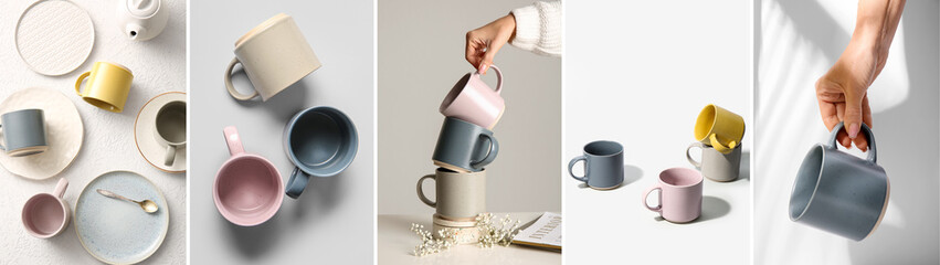 Collage of many different mugs on light background