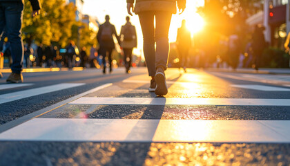Urban Stroll: A person traverses a crosswalk amidst the glow of the golden hour, embodying a moment of everyday life, bathed in a warm light.