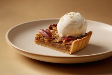 Maple pecan tart topped with vanilla bean ice cream sits on a ceramic plate