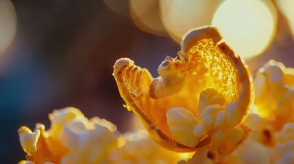 Close-up of vibrant yellow flower petals, illuminated by a soft golden light, creating a dreamy atmosphere. The intricate details highlight nature's beauty in a serene setting.
