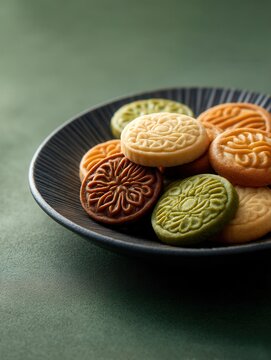 Dasik, korean pressed sweets, arranged on a slate dish against a matte green backdrop