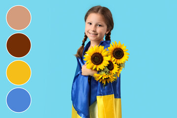 Cute little girl with Ukrainian flag and sunflowers on blue background