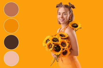 Beautiful young happy woman with bouquet of sunflowers on yellow background. Different color...