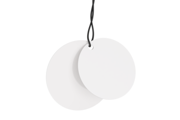 3D blank circle cardboard paper hang tags, price tags or cloth labels mockup with string isolated on background. Tag realistic template for presents branding, shopping label, wedding tag, gift tag