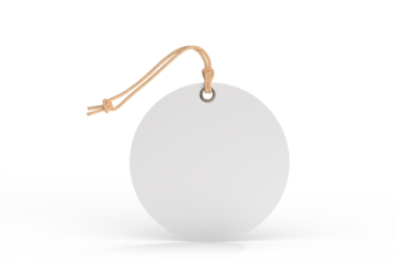 3D blank circle cardboard paper hang tags, price tags or cloth labels mockup with string isolated on background. Tag realistic template for presents branding, shopping label, wedding tag, gift tag