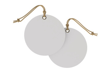 3D blank circle cardboard paper hang tags, price tags or cloth labels mockup with string isolated on background. Tag realistic template for presents branding, shopping label, wedding tag, gift tag