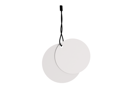 3D blank circle cardboard paper hang tags, price tags or cloth labels mockup with string isolated on background. Tag realistic template for presents branding, shopping label, wedding tag, gift tag