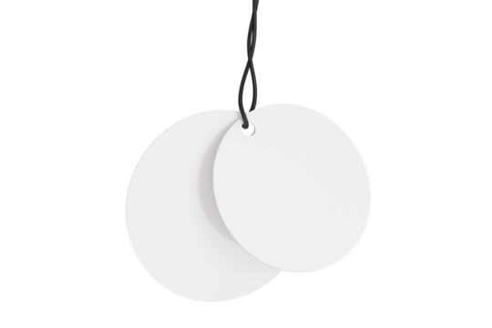 3D blank circle cardboard paper hang tags, price tags or cloth labels mockup with string isolated on background. Tag realistic template for presents branding, shopping label, wedding tag, gift tag