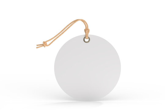 3D blank circle cardboard paper hang tags, price tags or cloth labels mockup with string isolated on background. Tag realistic template for presents branding, shopping label, wedding tag, gift tag