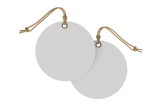 3D blank circle cardboard paper hang tags, price tags or cloth labels mockup with string isolated on background. Tag realistic template for presents branding, shopping label, wedding tag, gift tag