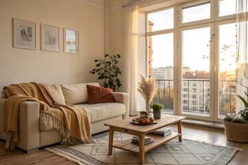 Fototapeta premium Cozy Living Room with Natural Light and Beautiful View of Cityscape at Sunset