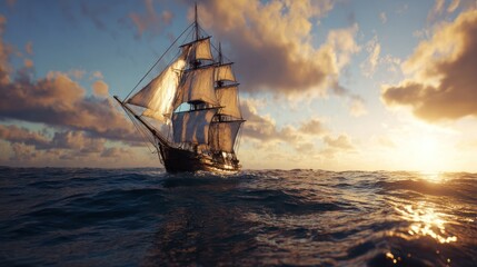 Majestic sailing ship at sunset
