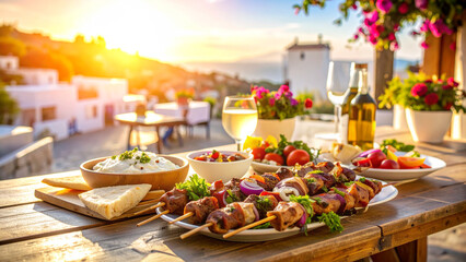 Traditional Greek souvlaki skewers and fresh salad served on a rustic wooden table overlooking a sunlit seaside village at sunset.