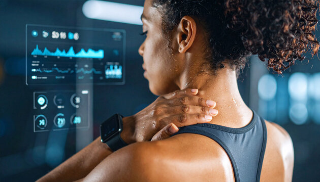 Tech-Enhanced Fitness: A focused female athlete, illuminated by the glow of futuristic tech interfaces, checks her vitals, merging her physical endurance with technology.