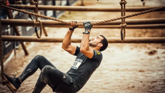 Muddy Obstacle Course: Man Climbing Ropes