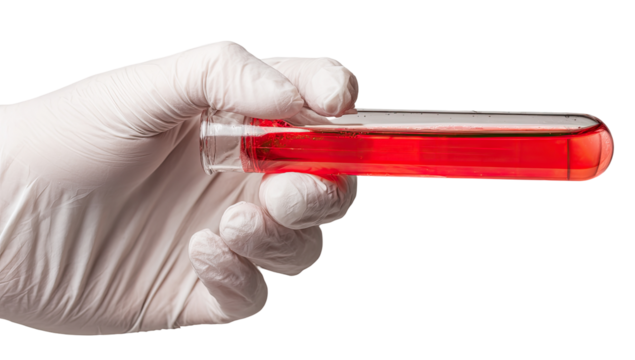 Gloved hand holding a test tube with red liquid