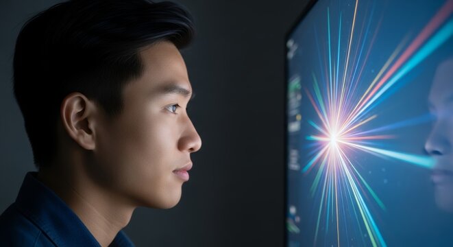 Asian IT Manager focused on glowing screen with radiant light bursts, concept for software development tools, data visualization and technology research innovation