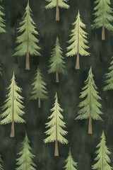 Obraz premium A beautifully illustrated pattern featuring green pine trees on a dark forest backdrop, creating a serene and natural atmosphere ideal for woodland-themed projects.