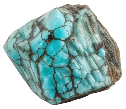 An irregular chunk of turquoise mineral with a web of dark matrix, against transparent background