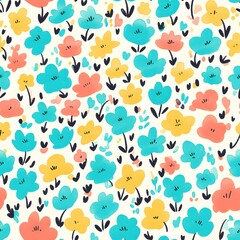 Fototapeta premium Colorful seamless pattern with hand drawn flowers and leaves on white background for spring or summer design.