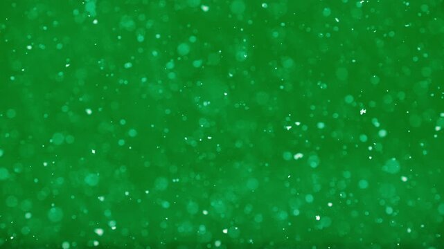 Sharp and blurred snowflakes fall slowly on vivid green background lighting - Powered by Adobe