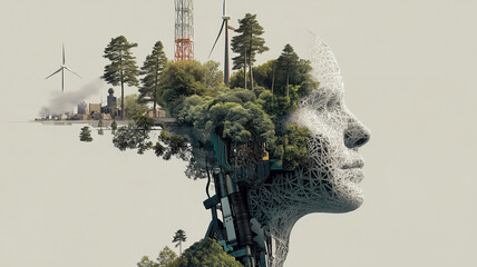 Surreal image blending nature and technology, featuring human profile with trees, wind turbines, and industrial elements. artwork symbolizes intersection of AI and climate technology