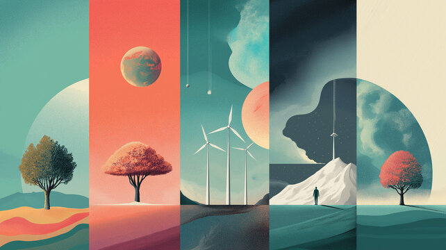 This features series of abstract landscapes, each with unique elements like trees, wind turbines, and celestial bodies, creating surreal and imaginative atmosphere. vibrant colors and imaginative