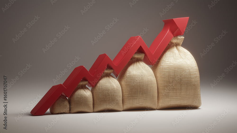 Poster series of burlap sacks arranged in ascending order with red arrow pointing upward symbolizes economi