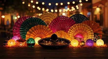 A vibrant display of day of the dead decorations featuring colorful paper fans and glowing