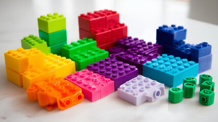 Obraz premium Colorful plastic building blocks arranged white surface, showcasing variety of vibrant colors including red, blue, green, and yellow. blocks are stacked and scattered, creating playful