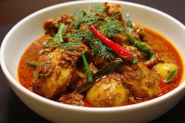 Fototapeta premium Chicken curry served in a bowl and decorated