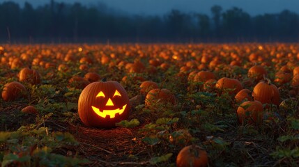 Glowing pumpkin in a field at dusk