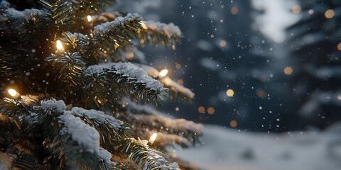 A beautifully decorated evergreen tree adorned with warm lights, surrounded by falling snow. The scene captures the enchanting spirit of winter and the festive holiday season.