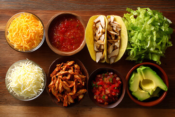 Delicious taco ingredients laid out ready for assembly on a rustic wooden surface