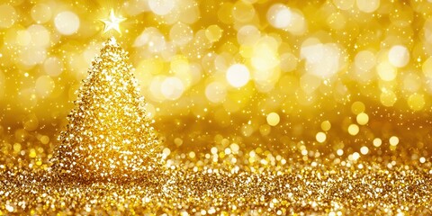 A sparkling golden Christmas tree adorned with a bright star, surrounded by shimmering gold bokeh lights, creating a festive and magical holiday atmosphere.