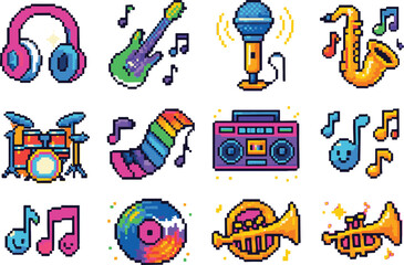 Music 1 icon set, pixel art, eps 10 illustration