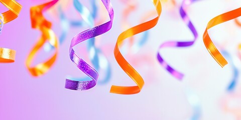 Colorful streamers in various shades of purple, orange, and pink swirl against a soft gradient background, creating a festive and joyful atmosphere perfect for celebrations.