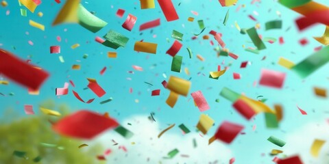 Colorful confetti in red, green, and yellow floats vibrantly through the sky, creating a festive atmosphere perfect for celebrations and joyous occasions.