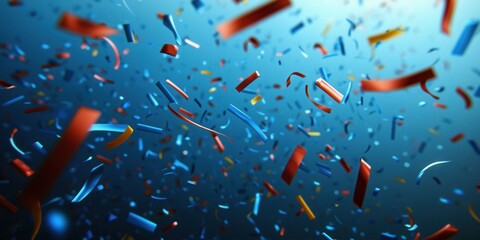 A vibrant explosion of colorful confetti in red, blue, and yellow, celebrating a joyful event. The mood is festive with a dynamic sense of movement and excitement.